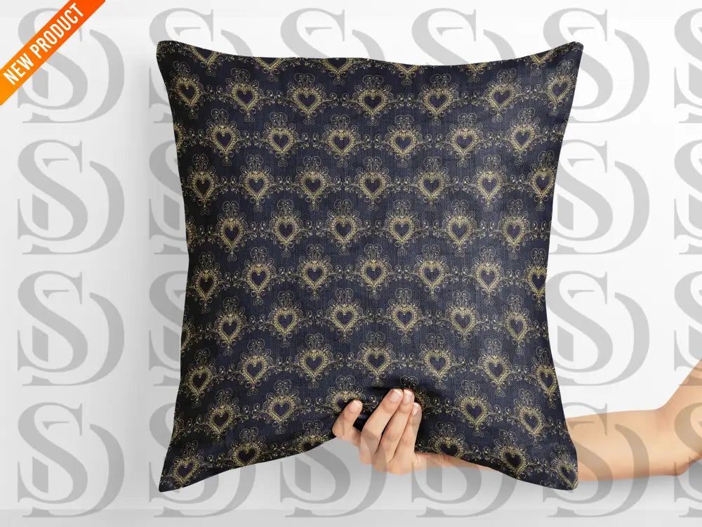 Cushion mockup with navy and gold heart ornamental pattern
