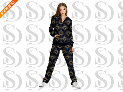 Fashion outfit mockup showcasing gold heart ornament seamless design