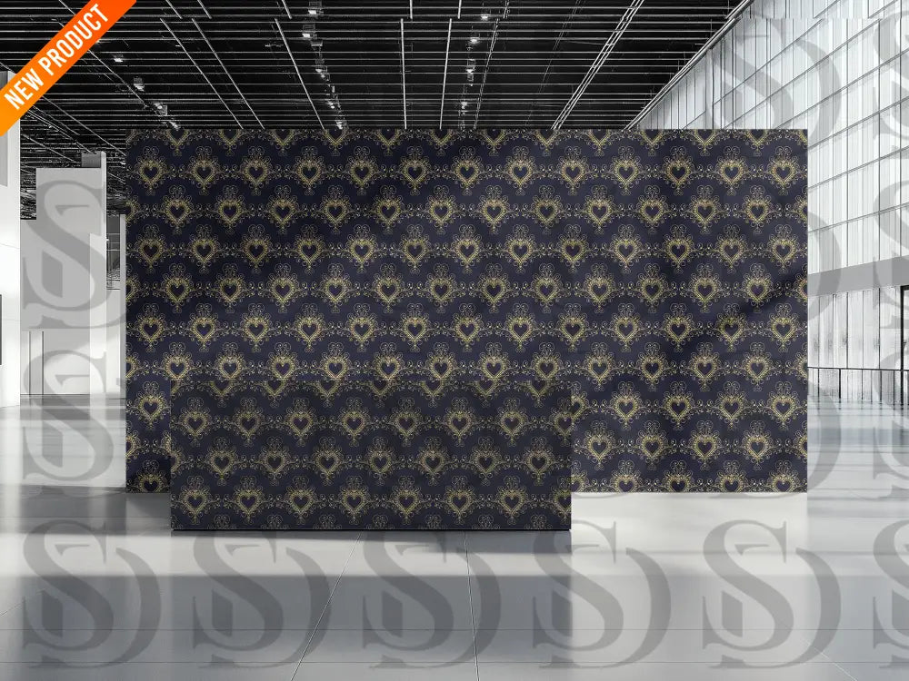 Interior wallpaper display featuring gold heart ornament pattern