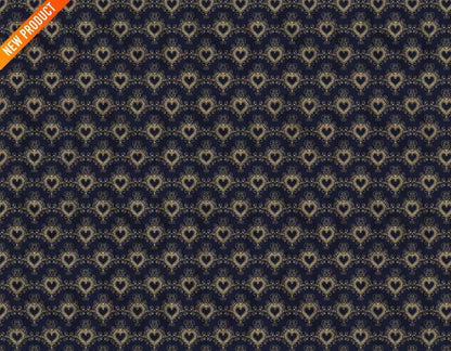 Seamless navy blue and gold heart ornament repeating pattern