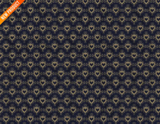 Seamless navy blue and gold heart ornament repeating pattern
