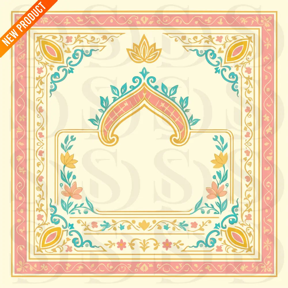 Elegant Mughal-inspired wedding card artwork featuring a pastel pink, turquoise, and gold floral border with a central arched frame for customizable text.