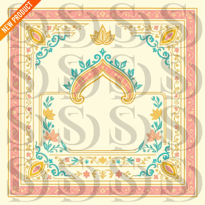 Elegant Mughal-inspired wedding card artwork featuring a pastel pink, turquoise, and gold floral border with a central arched frame for customizable text.