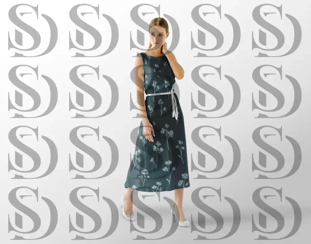 Sleeveless dress featuring serene botanical floral pattern