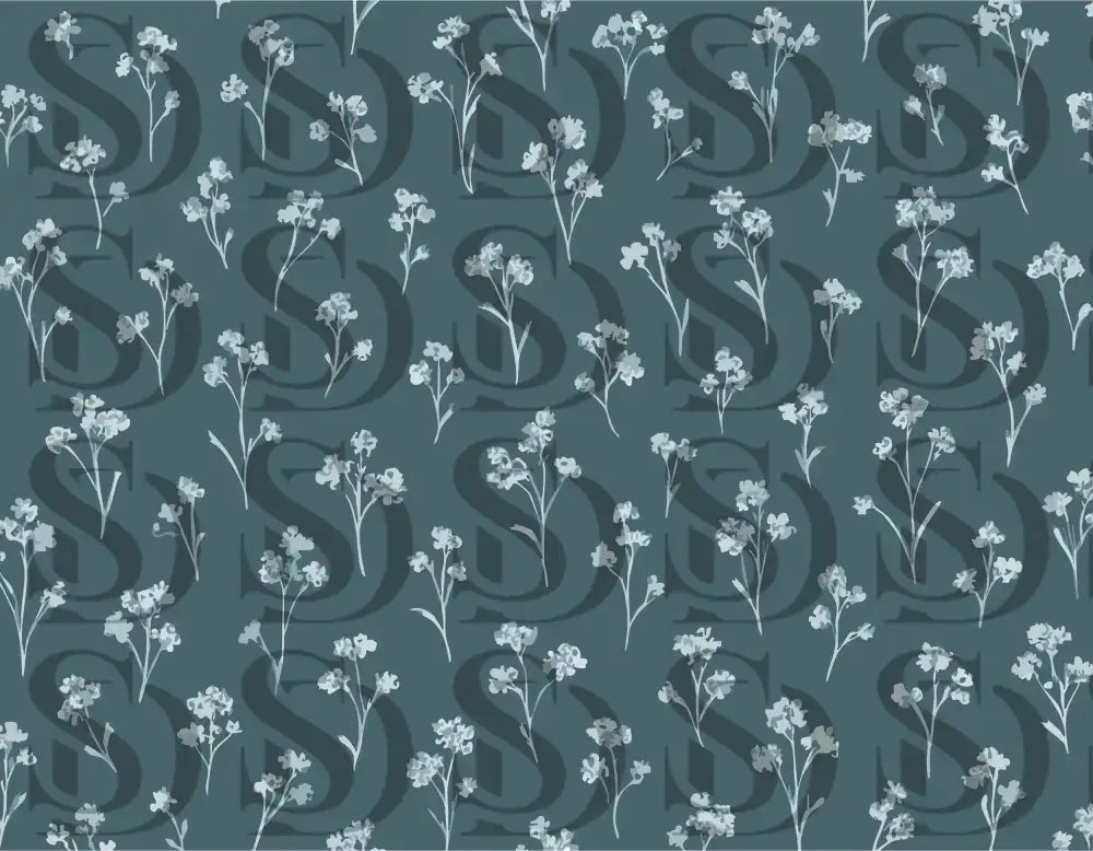 Seamless botanical pattern with white floral sprigs on teal background

