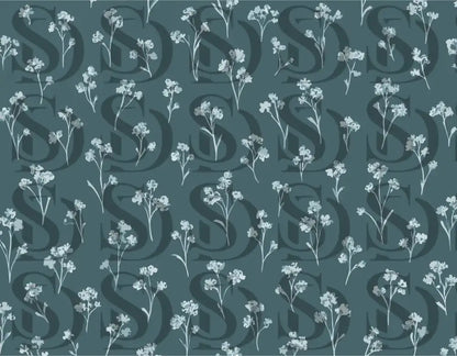 Seamless botanical pattern with white floral sprigs on teal background
