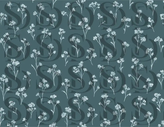 Seamless botanical pattern with white floral sprigs on teal background
