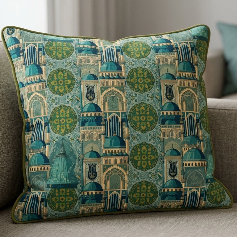 Islamic Architecture Mosaic – Teal & Gold Masjid Domes & Arches Seamless Pattern