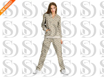Soft neutral botanical floral pattern used on women’s loungewear apparel