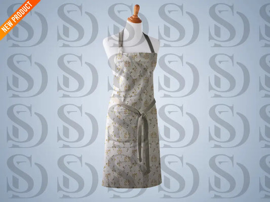 Neutral floral patterned apron with delicate botanical sprigs