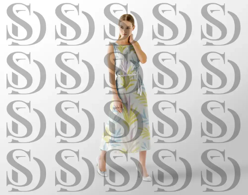 Soft pastel botanical leaf seamless pattern displayed on a women’s dress mockup