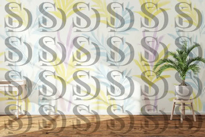 Interior wall styled with soft pastel botanical leaf wallpaper design