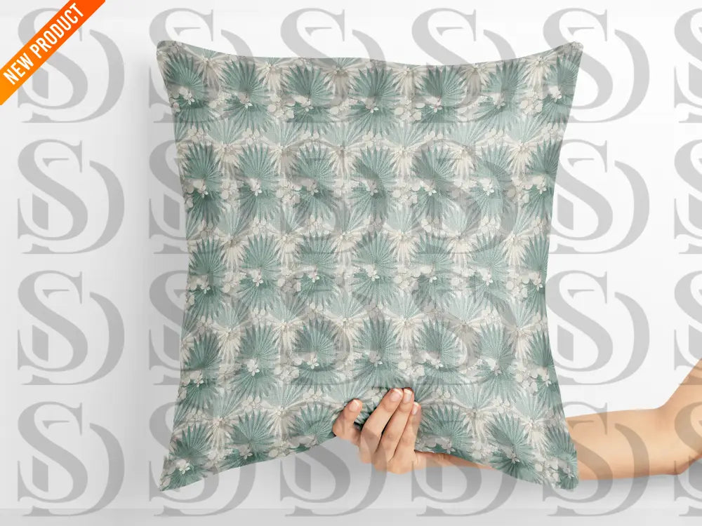 Cushion mockup with soft sage palm blossom botanical pattern