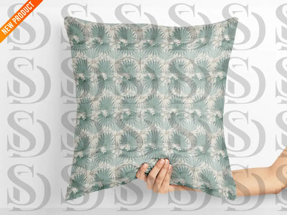 Cushion mockup with soft sage palm blossom botanical pattern