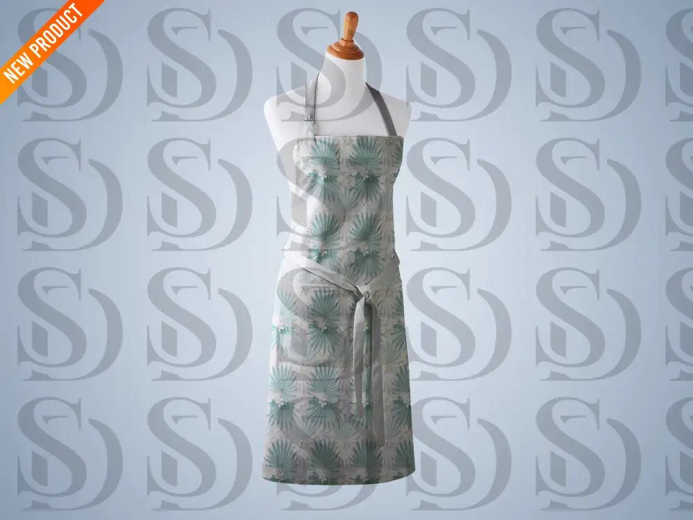 Apron mockup featuring soft sage palm blossom seamless pattern
