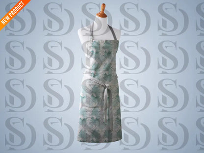 Apron mockup featuring soft sage palm blossom seamless pattern