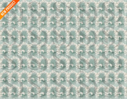 Repeating soft sage palm leaf and white blossom seamless pattern