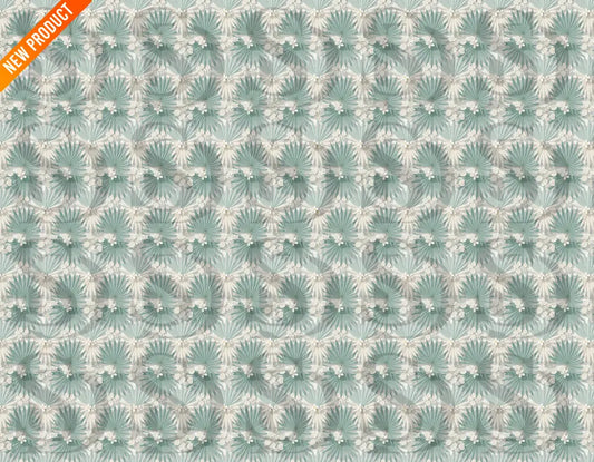 Repeating soft sage palm leaf and white blossom seamless pattern