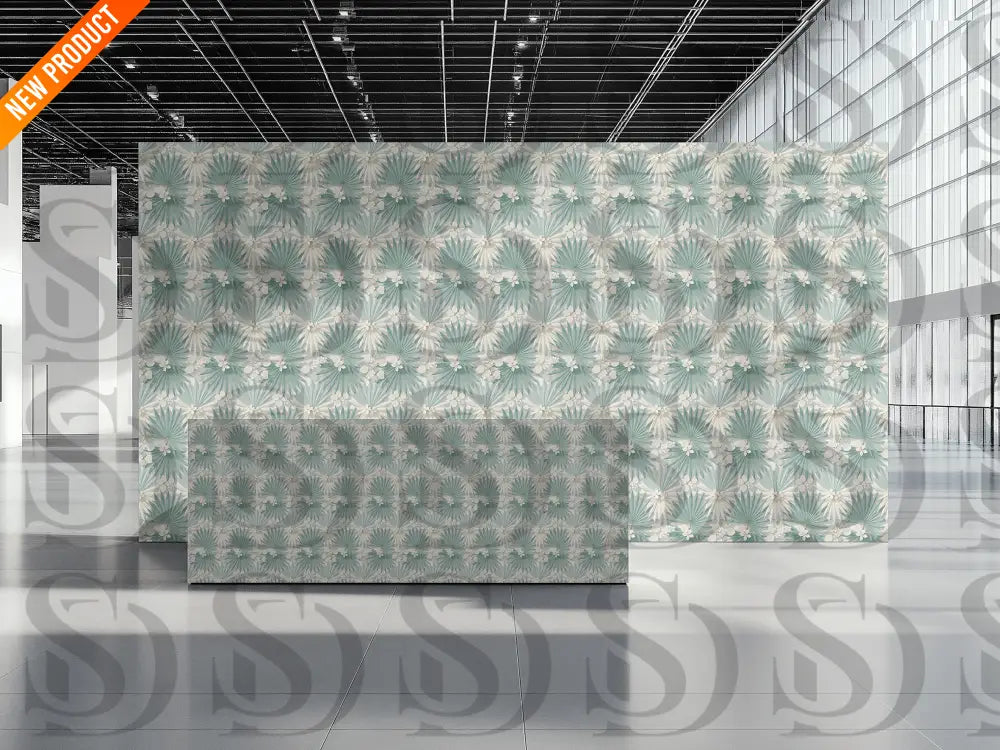 Interior wallpaper display using soft sage palm blossom pattern