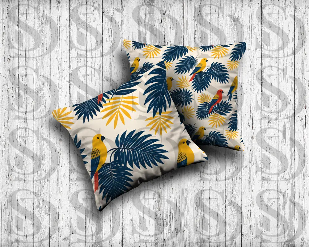 Decorative cushion featuring tropical bird and palm leaf print