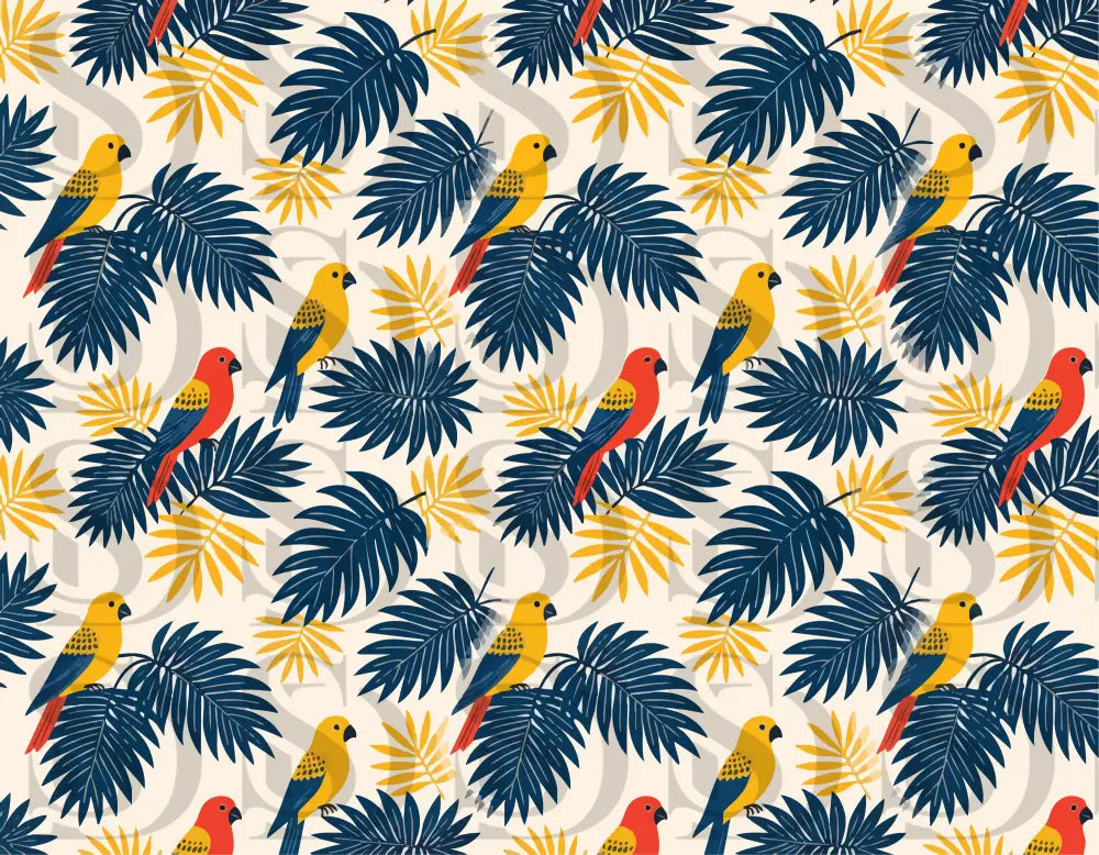 Seamless tropical pattern with canary birds and palm leaves