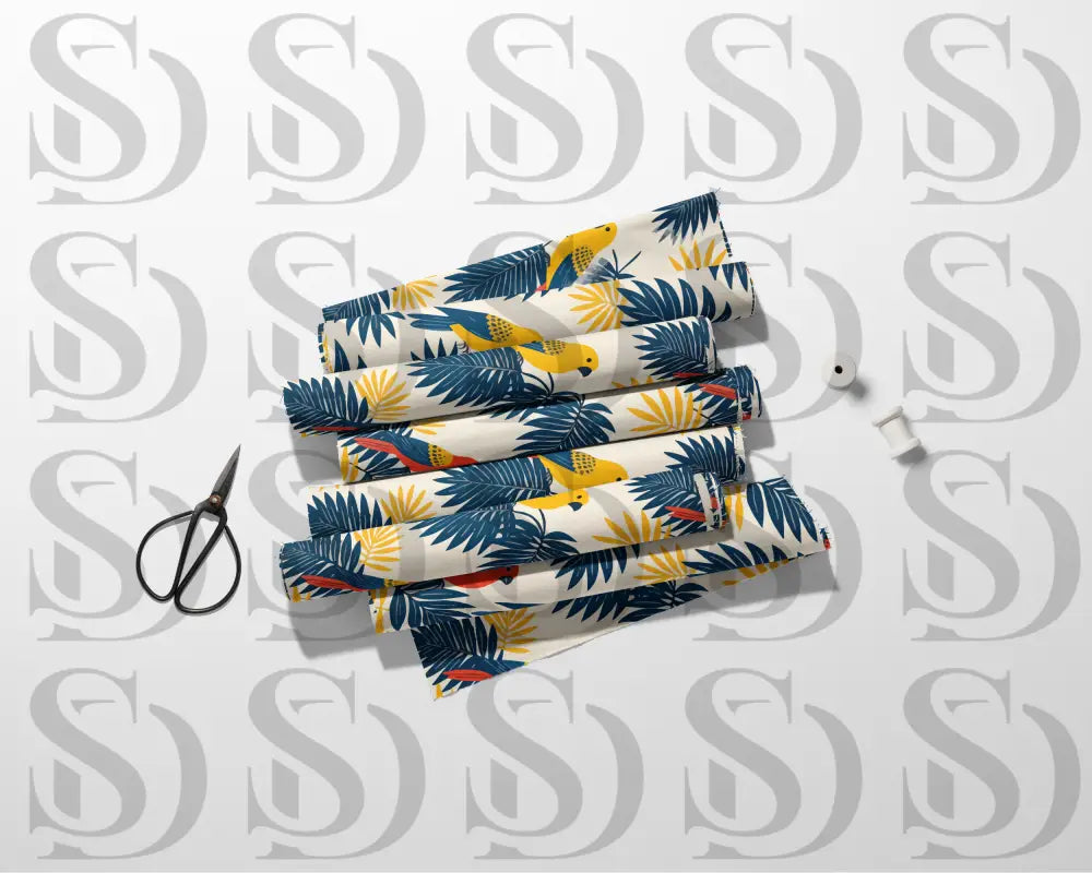 Folded fabric showing tropical canary bird seamless design
