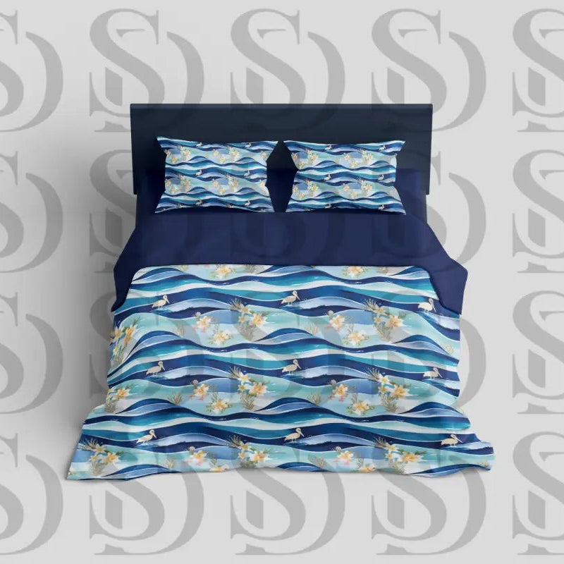 Tropical waves flamingo seamless pattern on coastal bedding set