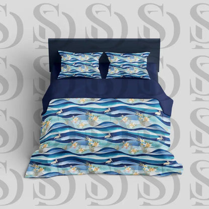 Tropical waves flamingo seamless pattern on coastal bedding set