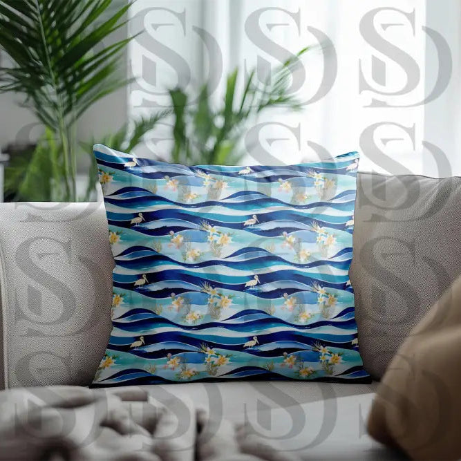 Tropical waves flamingo pattern cushion for coastal home decor