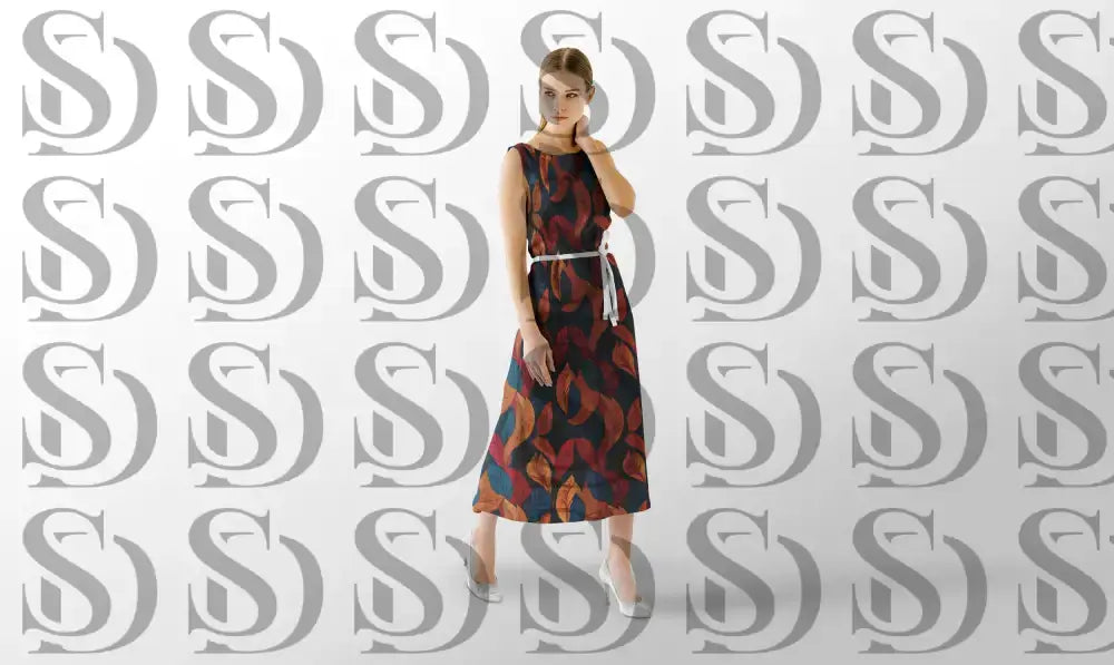 Elegant dress mockup featuring vibrant autumn leaves seamless pattern
