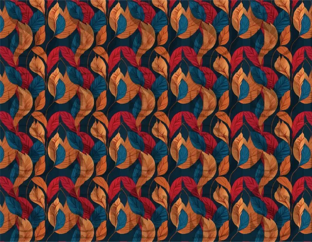 Detailed view of vibrant autumn leaves seamless pattern in teal and rust tones