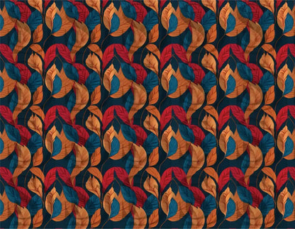 Detailed view of vibrant autumn leaves seamless pattern in teal and rust tones