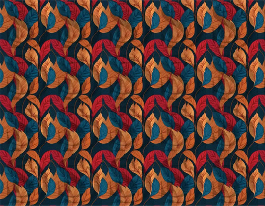 Detailed view of vibrant autumn leaves seamless pattern in teal and rust tones