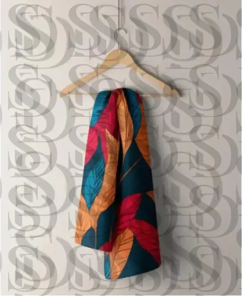 Vibrant autumn leaves botanical pattern displayed on hanging fabric mockup
