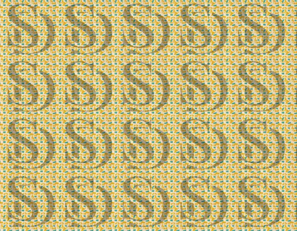 Repeating abstract geometric pattern with mustard yellow and teal shapes