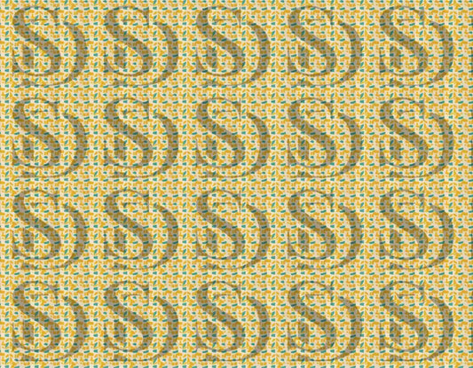 Repeating abstract geometric pattern with mustard yellow and teal shapes