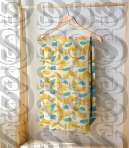 Abstract geometric fabric pattern displayed on hanging textile