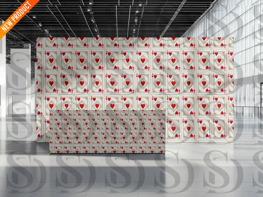 Interior wallpaper display featuring vintage ace of hearts pattern