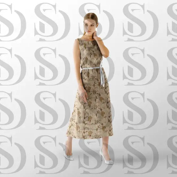 Vintage botanical floral seamless pattern applied to elegant women dress mockup