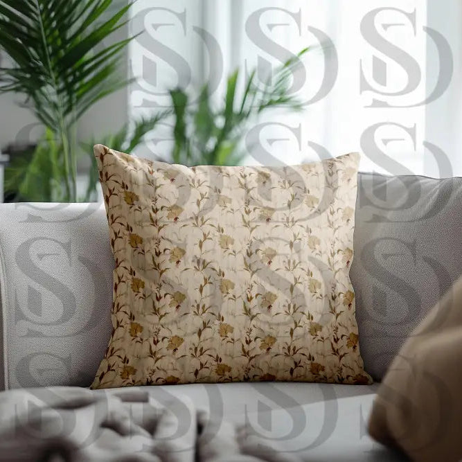 Vintage botanical elegance floral pattern cushion cover in neutral tones on sofa