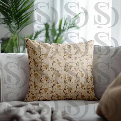 Vintage botanical elegance floral pattern cushion cover in neutral tones on sofa