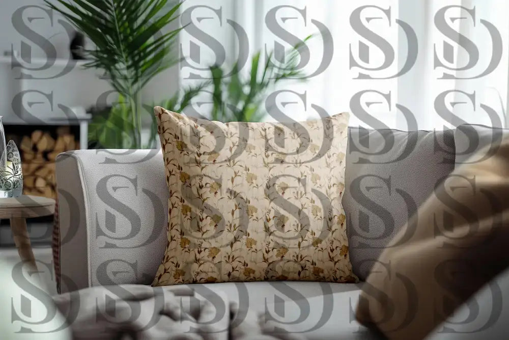 Vintage botanical elegance floral pattern cushion cover in neutral tones on sofa