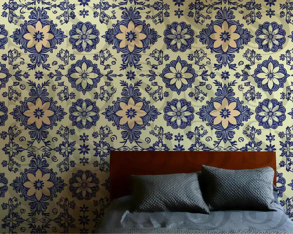 Vintage Floral Mandala – Peach & Navy Ornamental Bloom Seamless Pattern Seamless Pattern