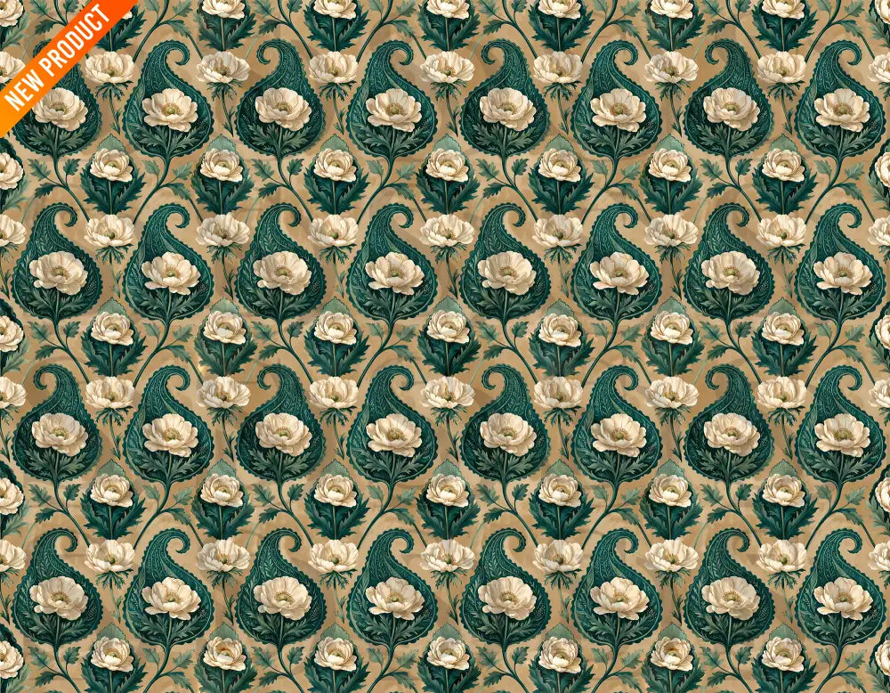 Vintage green paisley floral seamless pattern with white flowers