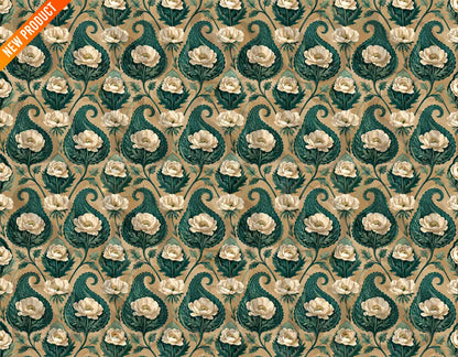 Vintage green paisley floral seamless pattern with white flowers