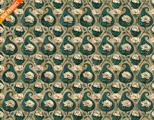 Vintage green paisley floral seamless pattern with white flowers