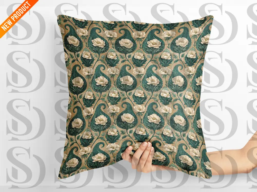 Cushion cover mockup with green and gold paisley floral design