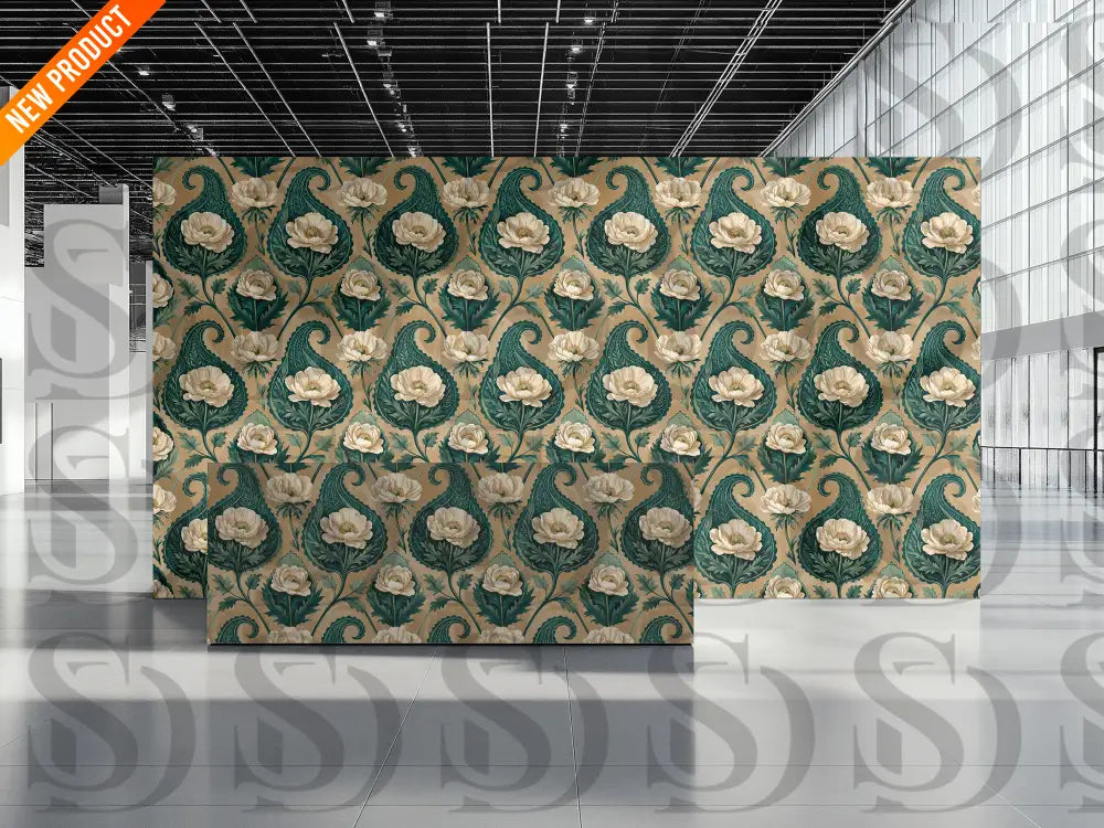 Elegant green paisley floral wallpaper in a modern interior space