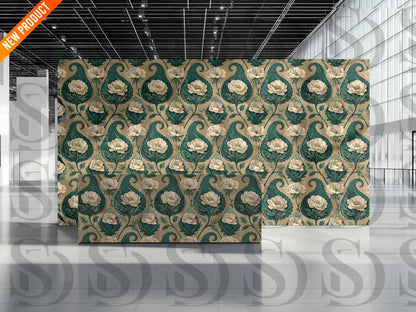 Elegant green paisley floral wallpaper in a modern interior space