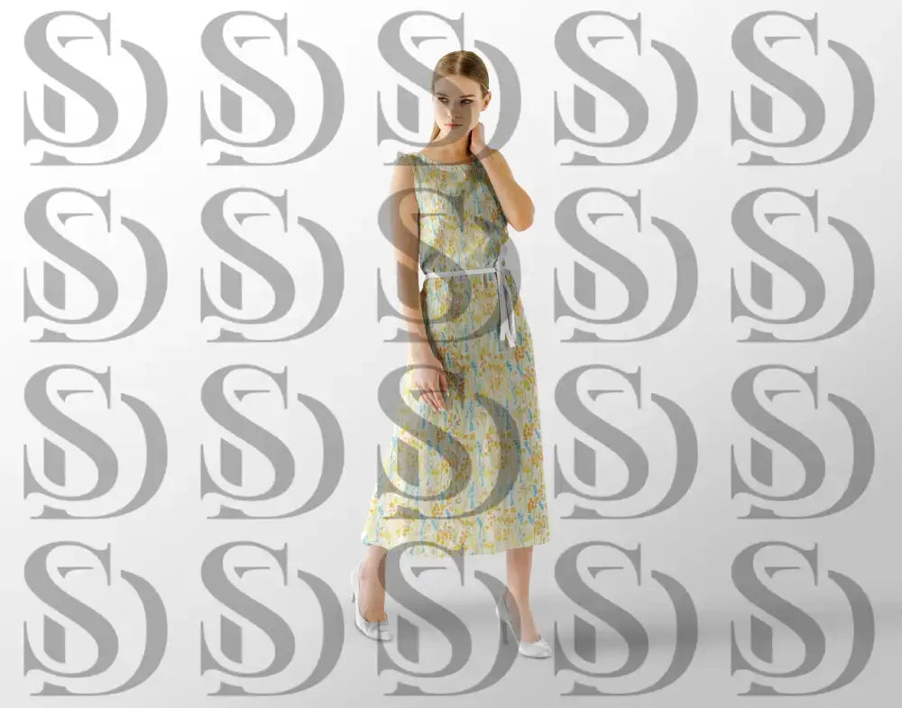 Soft wildflower meadow pattern displayed on a flowing summer dress mockup